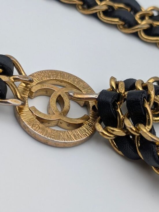 Chanel Leather Chain Belt CC Logo Round Gold Black